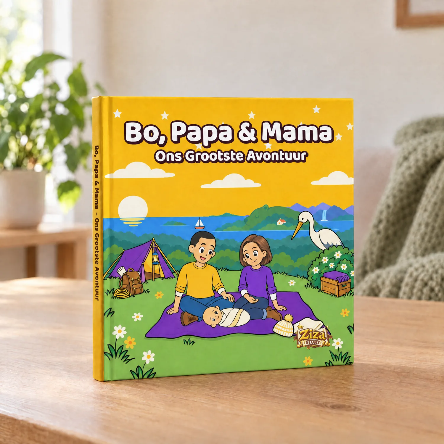 Kraamcadeau boek met naam: Ons Grootste Avontuur als hardcover, staand op een houten tafel
