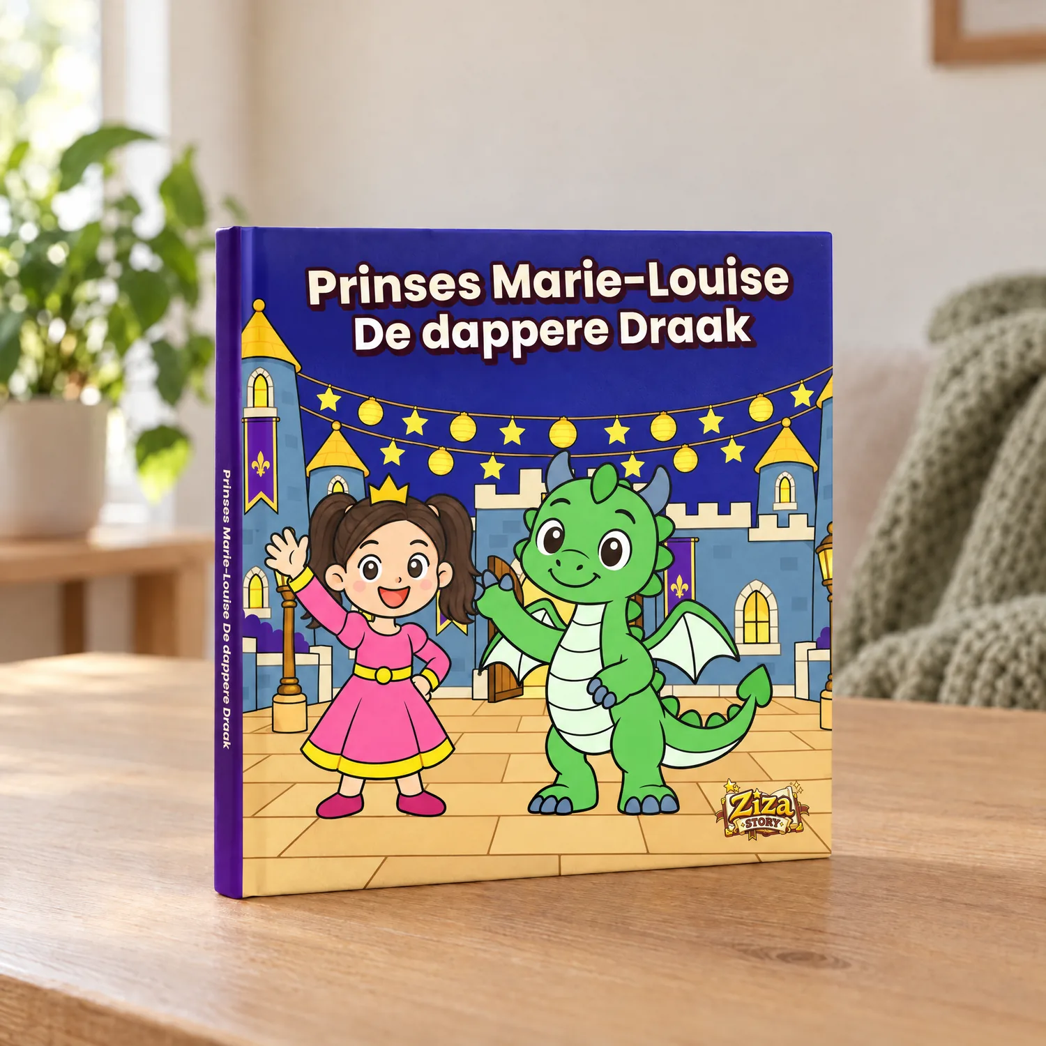 Prinsessenboek met naam: De dappere Draak als hardcover, staand op een houten tafel
