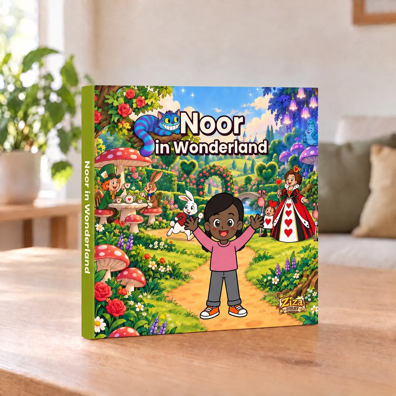 Gepersonaliseerd kinderboek zonder foto: In Wonderland als hardcover, staand op een houten tafel