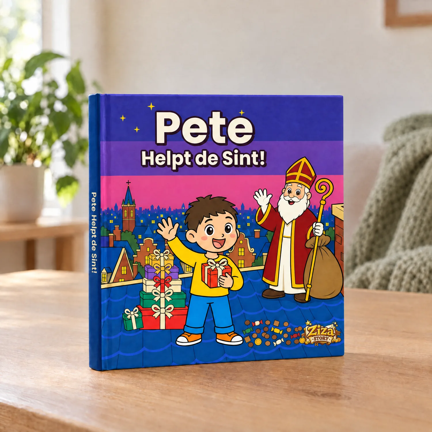 Sinterklaasboek met naam: Helpt de Sint als hardcover, staand op een houten tafel