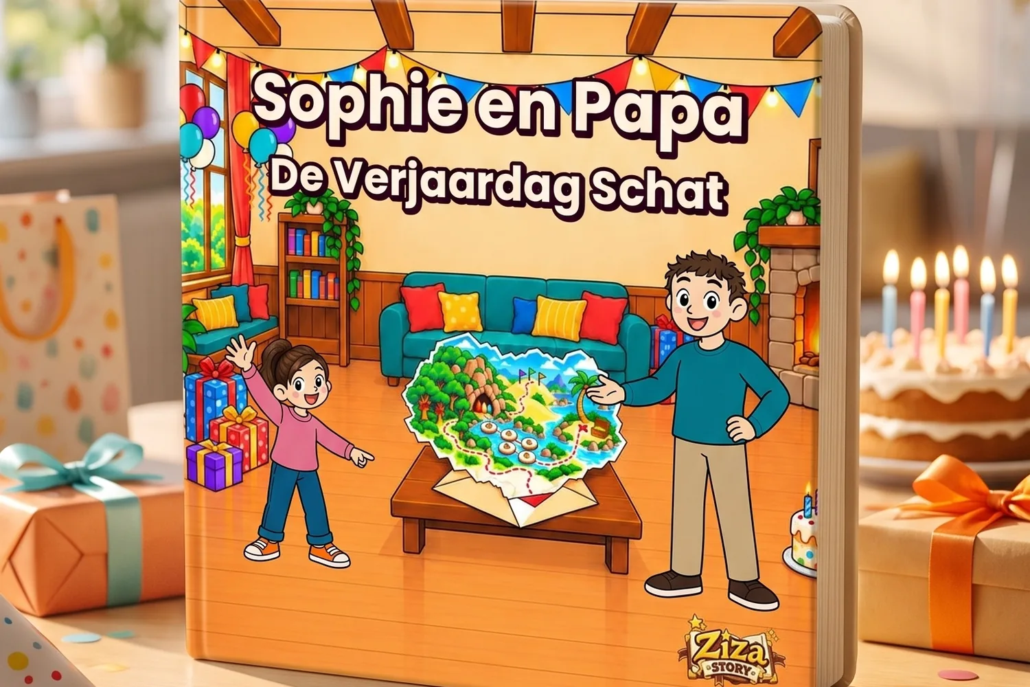 Verjaardagscadeau boek met naam: De Verjaardag Schat als hardcover op een verjaardagstafel, met taart, cadeaus en slingers