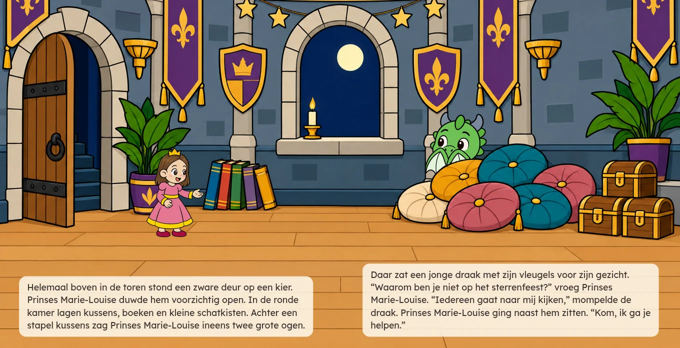 Bladzijde 6 en 7 van De dappere Draak: prinses Marie-Louise vindt de jonge draak achter een stapel kussens in de toren