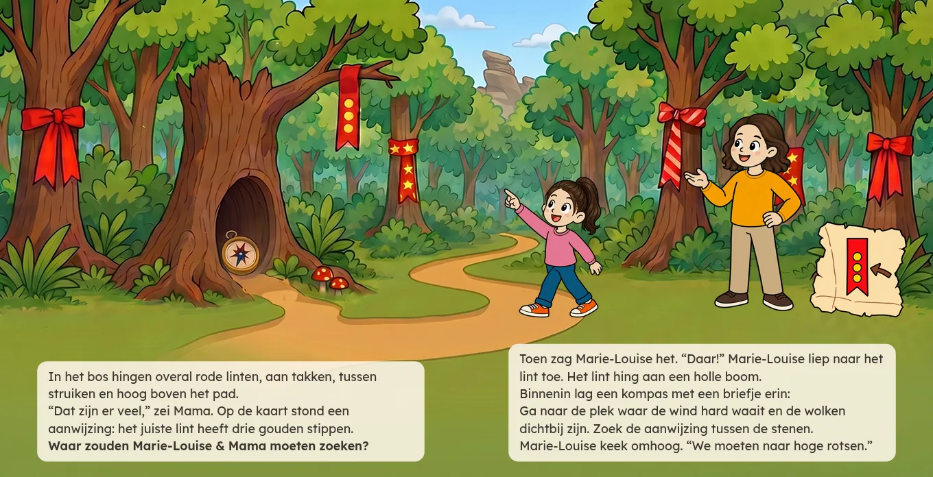 Bladzijde 6 en 7 van De Verjaardag Schat: Marie-Louise en mama zoeken in het bos tussen de rode linten en vinden een kompas in een holle boom