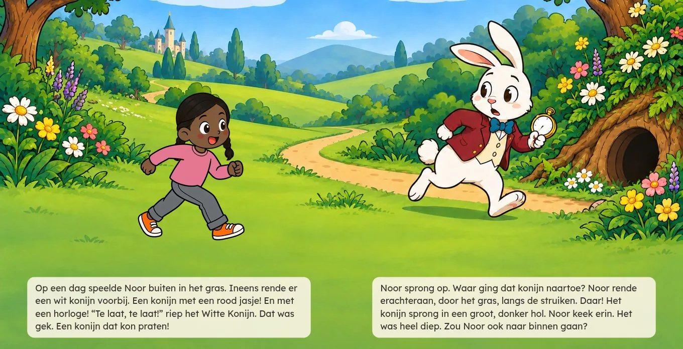 Bladzijde 4 en 5 van In Wonderland: Noor rent in het gras achter het Witte Konijn aan, dat met een horloge naar zijn hol holt